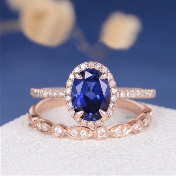 *NEW*2pc Set Rose Gold Bridal Sapphire Ring - Picture 5 of 6